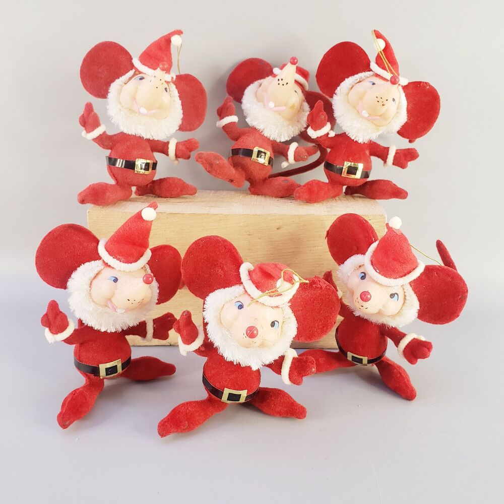 Vtg Red Flocked Mice Ornaments Set of 6 Long Nose Santa Hat Beard Christmas MCM